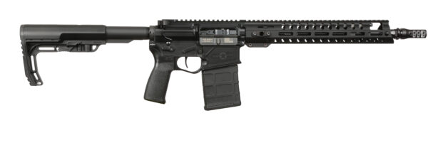 Black modern tactical rifle on white background