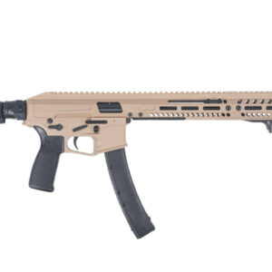 Tan and black tactical rifle side view.