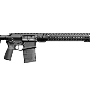 Black modern rifle with extended barrel.