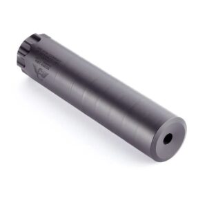 Black cylindrical firearm suppressor on white background