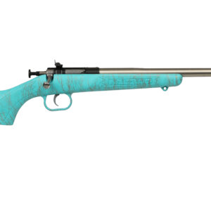 Blue bolt-action rifle on white background.