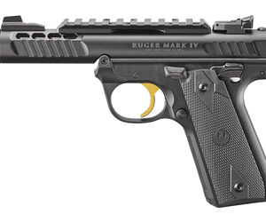 Black Ruger Mark IV pistol side view.