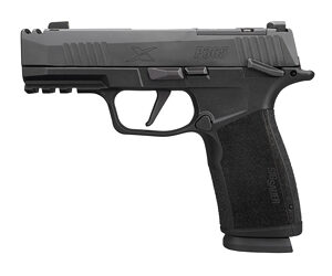 Black pistol handgun with textured grip.
