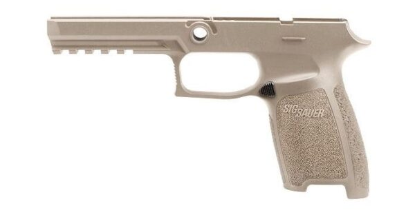 Tan polymer pistol frame with textured grip
