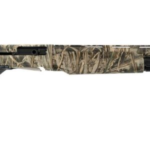 Camouflaged hunting shotgun with long barrel.
