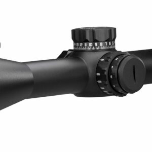 Black rifle scope with adjustment knobs and covers.