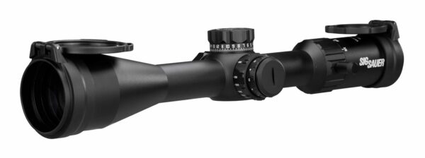 Black rifle scope with adjustment knobs and covers.