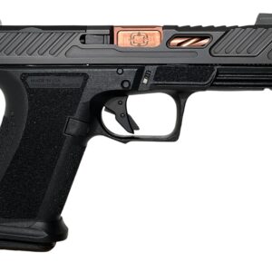 Black and copper handgun on white background.