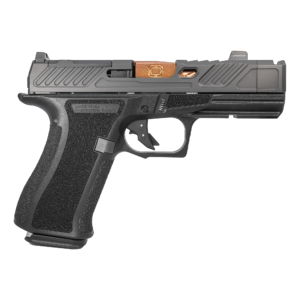 Black semi-automatic pistol, side view.