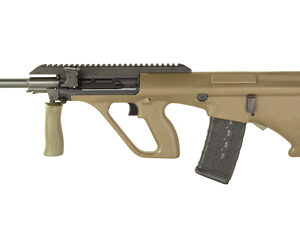 Tactical rifle with tan body and black magazine.