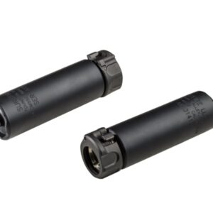 Black tactical silencers on white background.