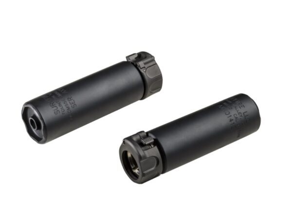 Black tactical silencers on white background.