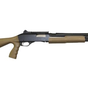 Tan and black pump action shotgun