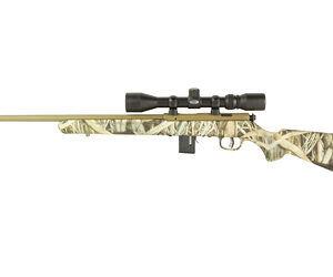 Camouflage rifle with scope for hunting.