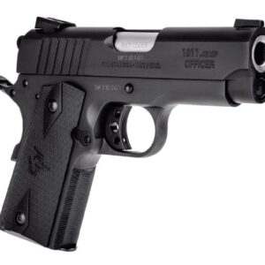 Black semi-automatic handgun on white background.