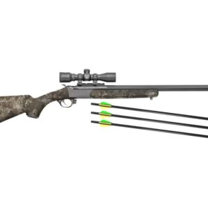 Camouflage rifle with scope and three arrows displayed