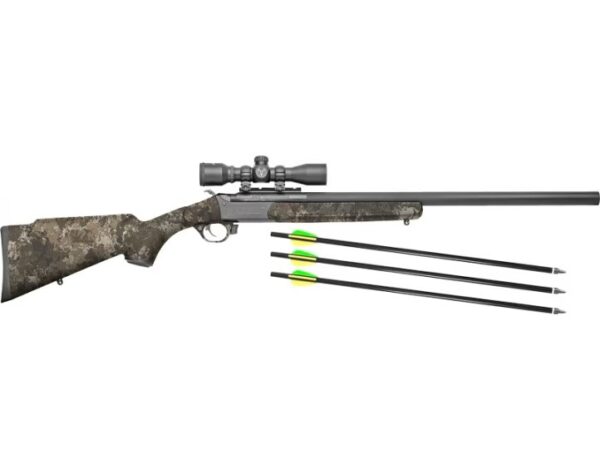 Camouflage rifle with scope and three arrows displayed