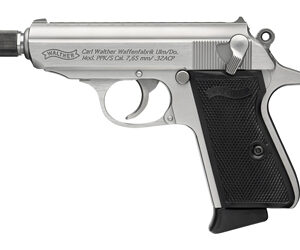Silver Walther PPK handgun with black grip