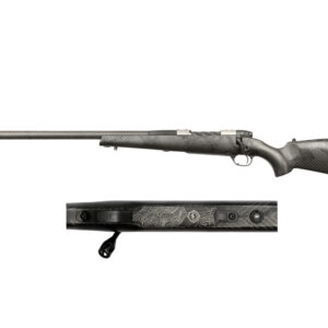 Carbon fiber rifle with engraved details.