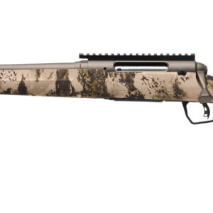 Camouflage hunting rifle with long barrel.