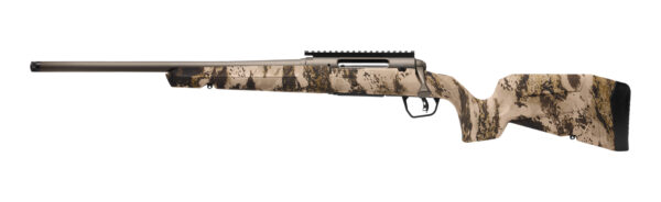 Camouflage hunting rifle with long barrel.
