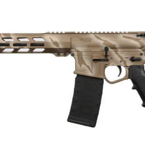 Tan camo AR-15 style rifle with black stock.