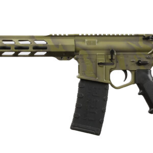 Camouflage-pattern rifle with black stock and grip.