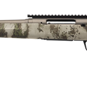 Camouflage bolt-action hunting rifle on white background.