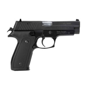 9mm black handgun, left side view