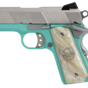 Iver Johnson Arms THRASHERTB9 1911 Thrasher Officer 70 Series 9mm Luger 3.13" 8+1 Tiffany Blue Cerakote Silver Cerakote White Synthetic Pearl Grip