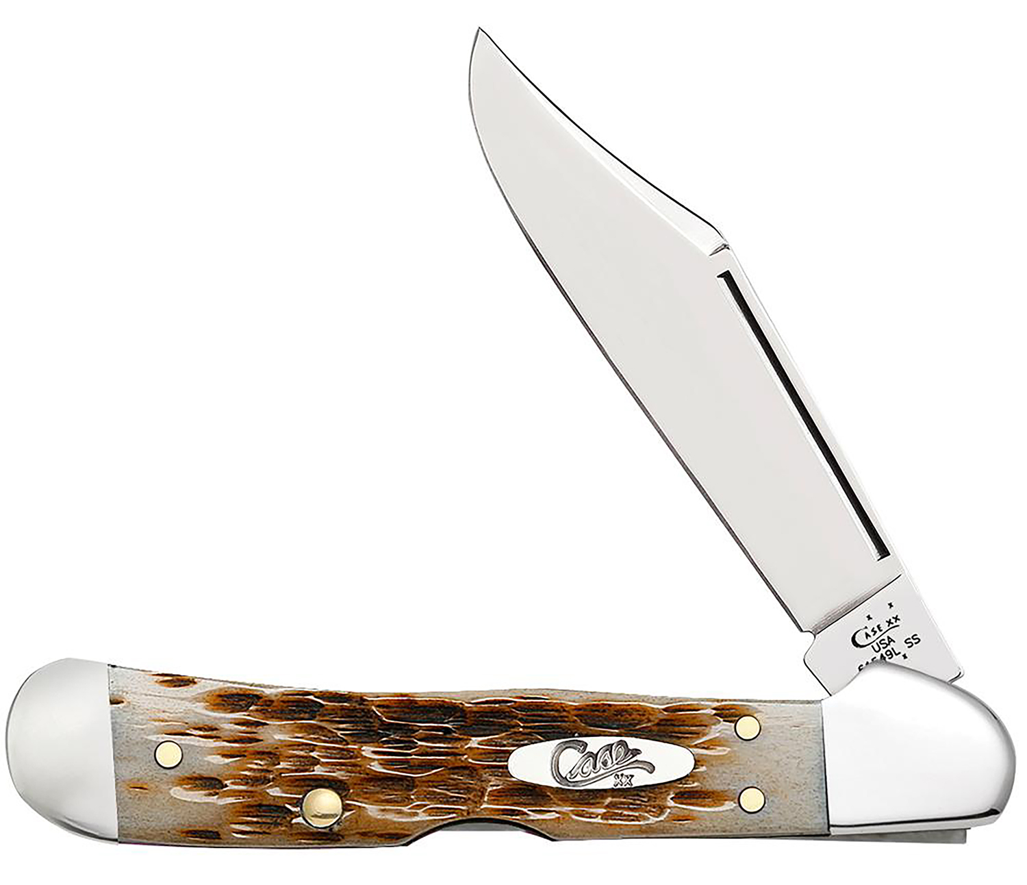 Case 00133 CopperLock  Mini 2.72" Folding Clip Point Plain Mirror Polished Tru-Sharp SS Blade/Peach Seed Jigged Amber Bone Handle