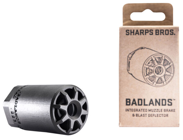 Sharps Bros BAD01 Badlands  Muzzle Brake/Blast Deflector, Heat Treated 17-4 Stainless Steel w/Nitride Finish, 1/2"-28 tpi Threads, 2.75"L, 1.50" Outside Diameter for Multi-Caliber (.223-.354)