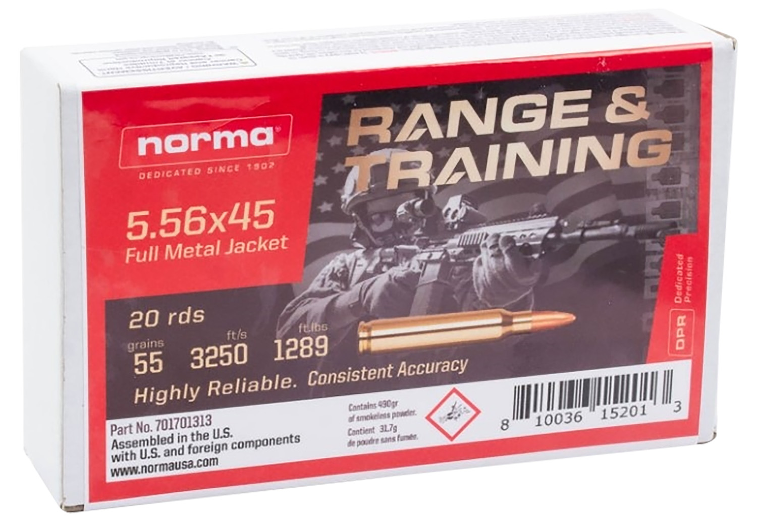 Norma Ammunition 701701313 Range & Training  5.56x45mmNATO 55gr Full Metal Jacket 20 Per Box/10 Case