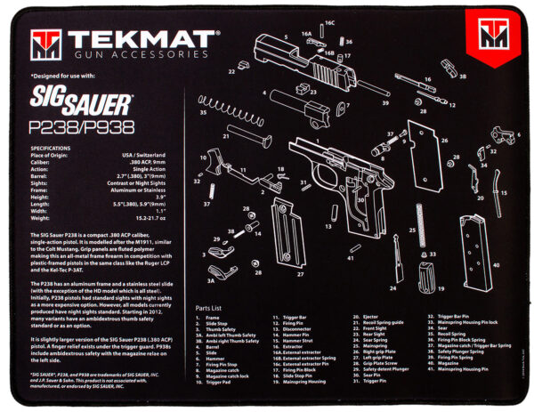 TekMat TEKR20SIGP238 Sig Sauer P238 Ultra 20 Cleaning Mat Black/White Rubber 15" x 20"