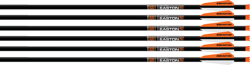 Six black and orange Easton arrows lined up.