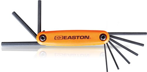 Orange multi-tool with multiple black hex keys.