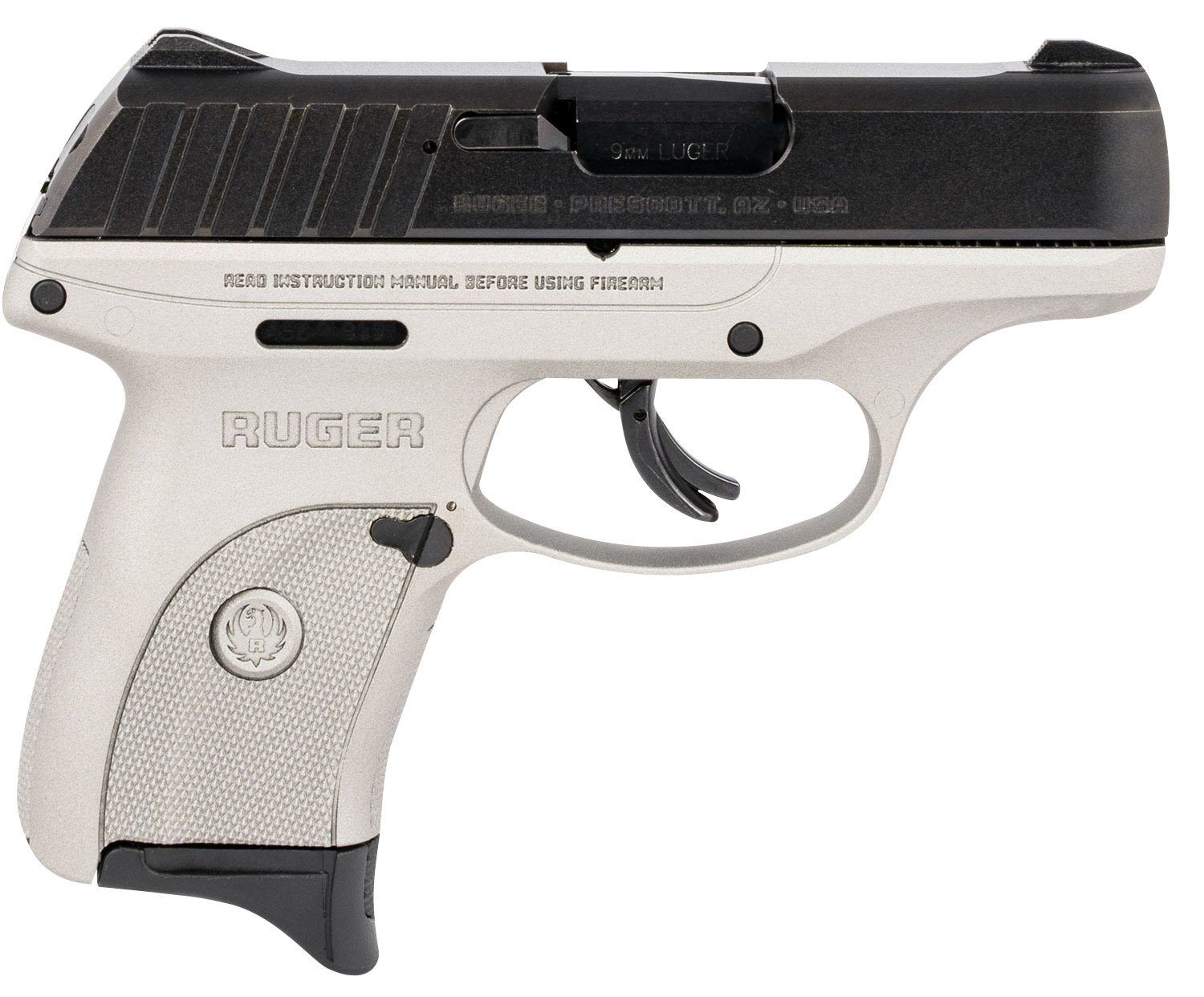Ruger 3290 EC9s  9mm Luger Black Oxide Alloy Steel 3.12" Barrel 7+1, Savage Silver Cerakote Glass-Filled Nylon Frame, Black Oxide Hardened Alloy Steel Slide, Manual Safety