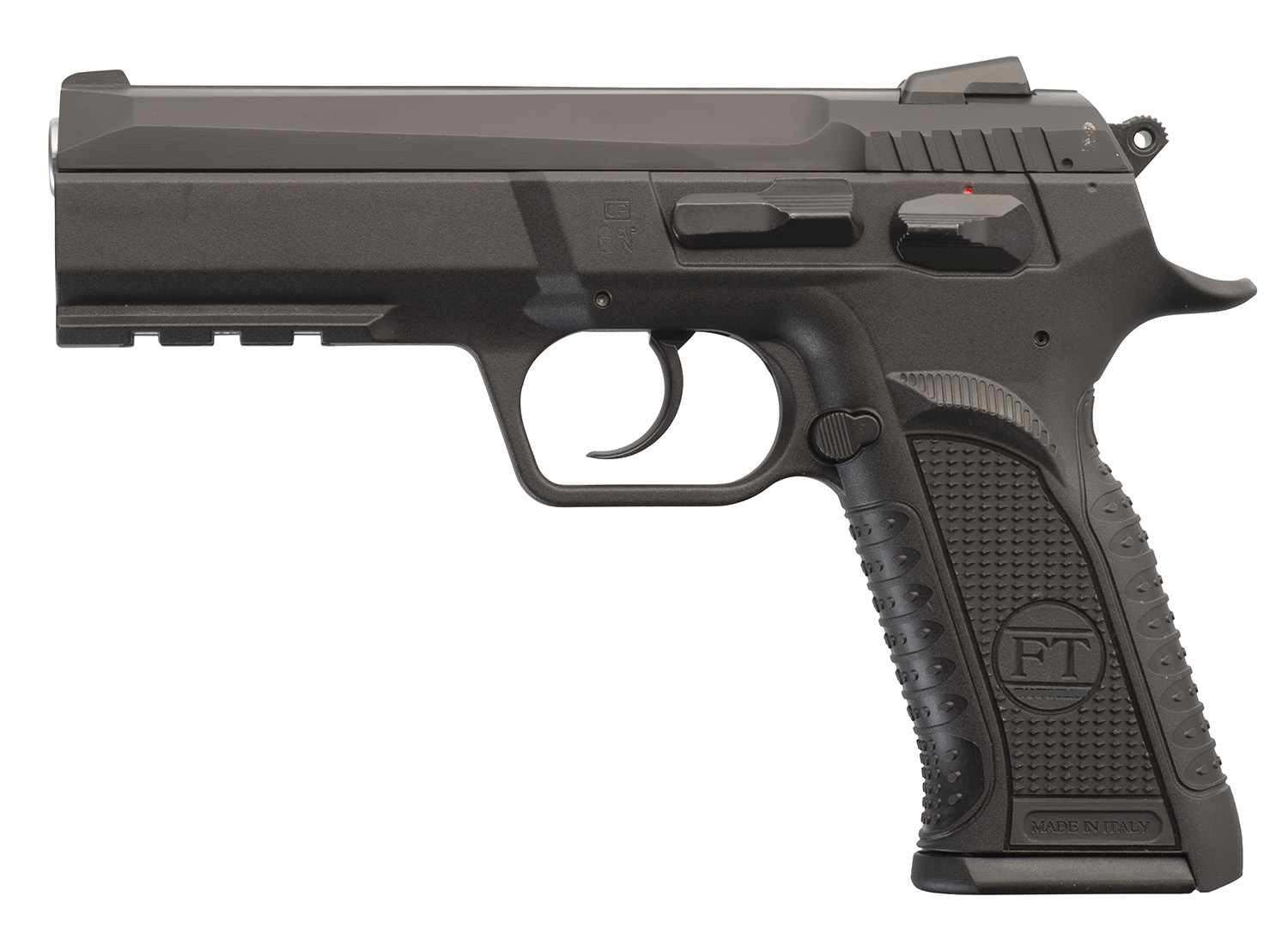 Tanfoglio IFG TFFORCEP9 Defiant Force Plus 9mm Luger Caliber with 4.40" Barrel, 16+1 Capacity, Overall Black Finish, Picatinny Rail/Beavertail Frame, Serrated Steel Slide & Polymer Grip