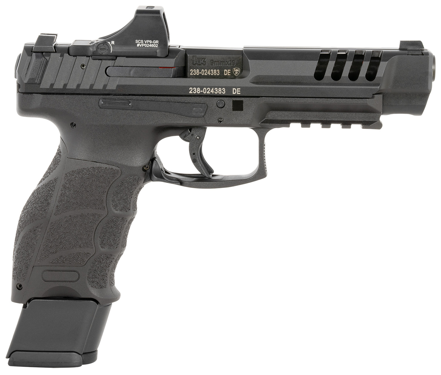 HK 81000877 VP9L SCS 9mm Luger 20+1 5" Black Polygonal Rifled Barrel, Long/Lightening Cuts/Optic Cut SCS Steel Slide, Polymer Frame w/Picatinny Rail, Black Interchangeable Backstrap Grip