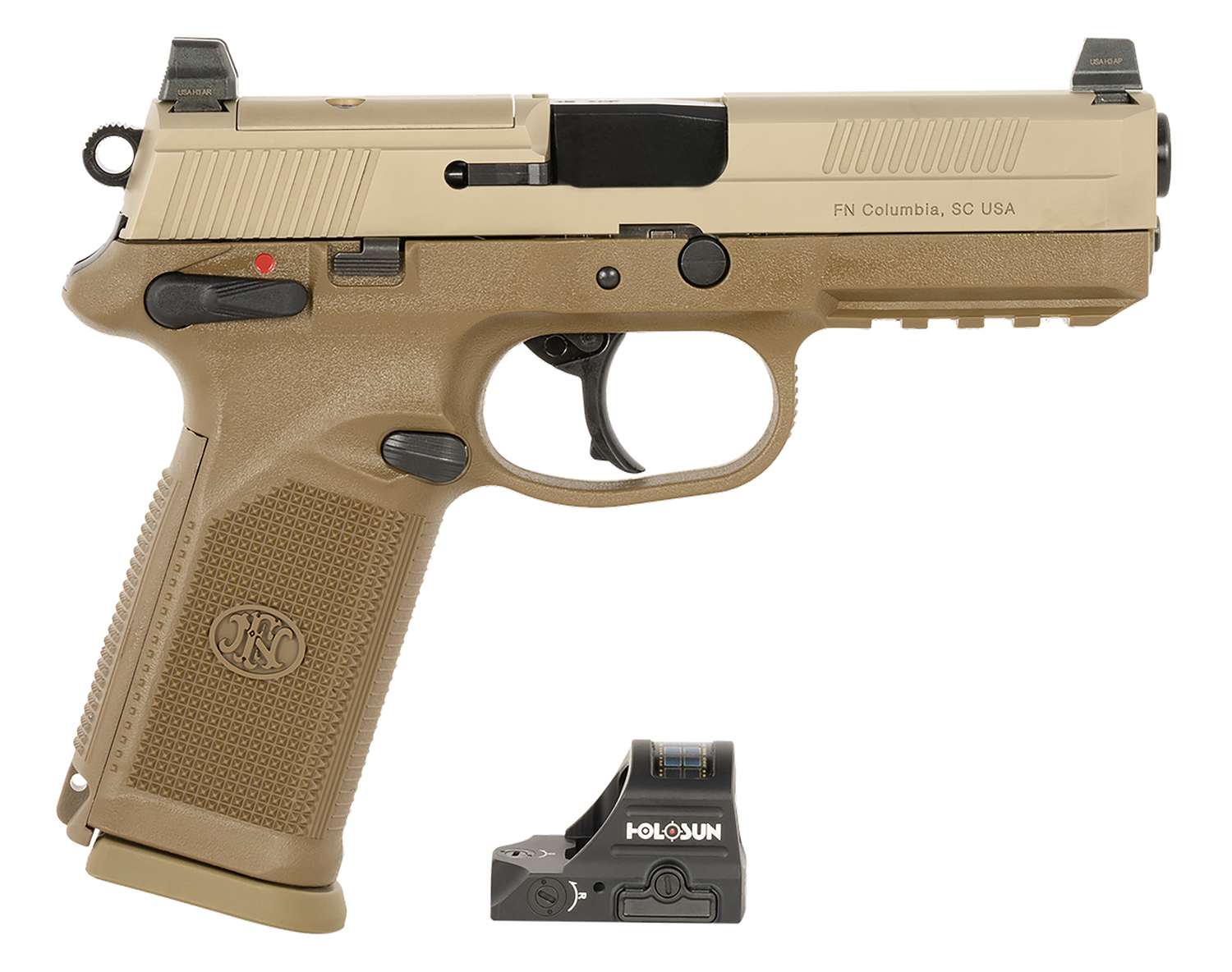 FN 66102272 FNX w/Optic 45 ACP 10rd 5.30" Black Steel Barrel, Flat Dark Earth Optic Ready/Serrated Stainless Steel Slide & Polymer Frame w/Picatinny Rail, Holosun 407C Red Dot, 5 Mags, Ambidextrous