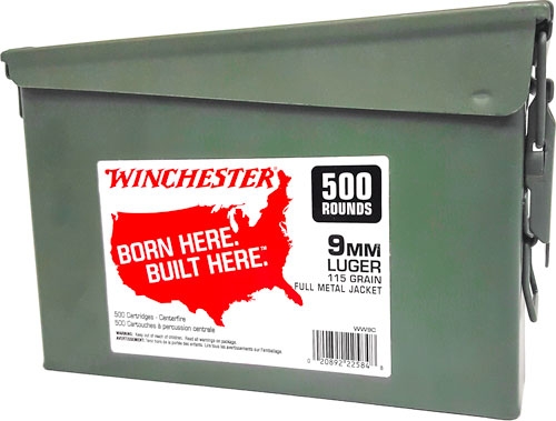 WINCHESTER 9MM LUGER 115GR FMJ - RN CASE OF (2) 500RD AMMO CANS