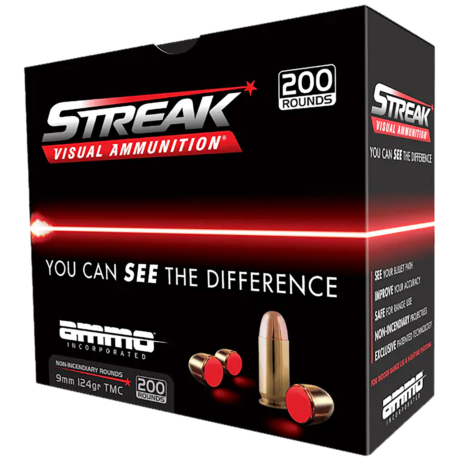 Ammo Inc 9124TMCSTRKRED200 Streak Visual (RED)  9mm Luger 124gr Total Metal Case 200 Per Box/5 Case