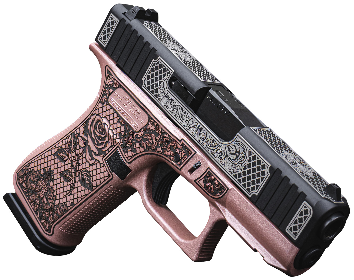 Glock UX4350204FRNGLRG G43X  Sub-Compact Frame 9mm 10+1 3.41" Black GMB Barrel Black w/White Scroll Cerakote, Serrated Steel Slide Rose Gold Lace w/Rose Cerakote Polymer Frame & Grip