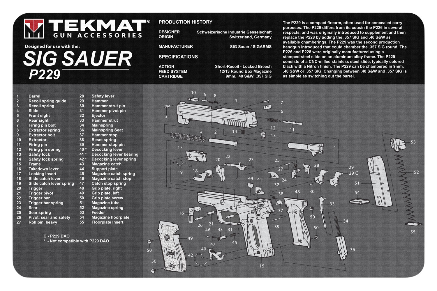 TekMat TEKR17SIGP229 Sig Sauer P229 Cleaning Mat Black/White Rubber 11"x17" Sig P229 Parts Diagram