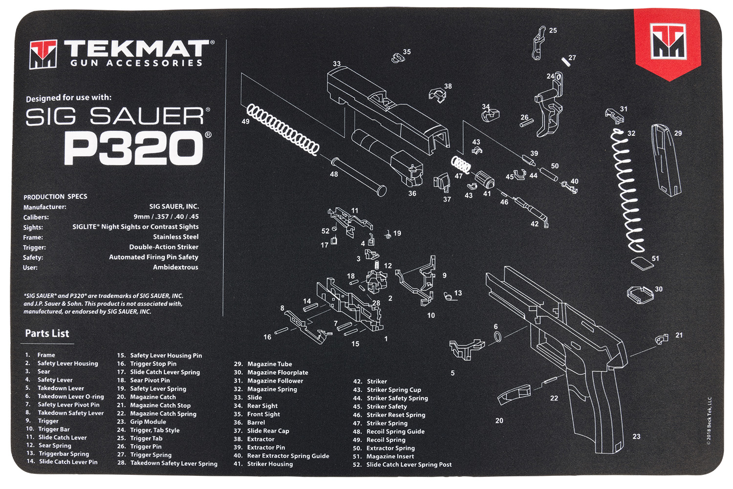 TekMat TEKR17SIGP320 Sig Sauer P320 Cleaning Mat Black/White Rubber 11"x17" Sig P320 Parts Diagram
