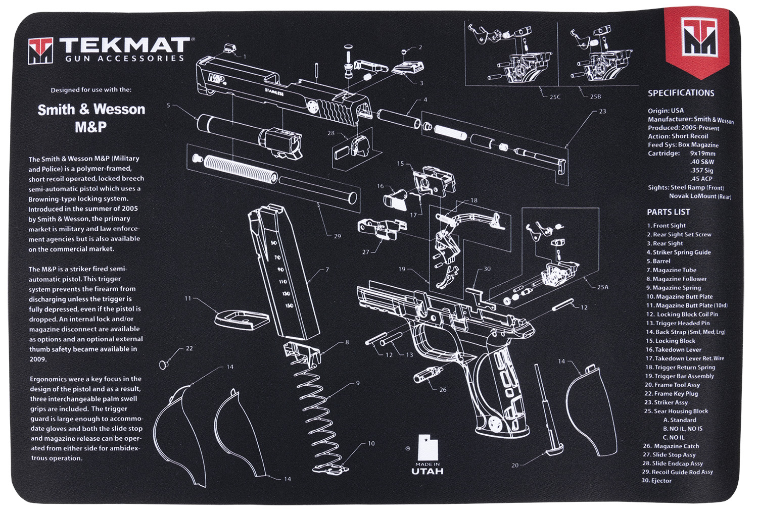 TekMat TEKR17SWMP S&W M&P Cleaning Mat Black/Gray Rubber 11"x17" S&W M&P Parts Diagram