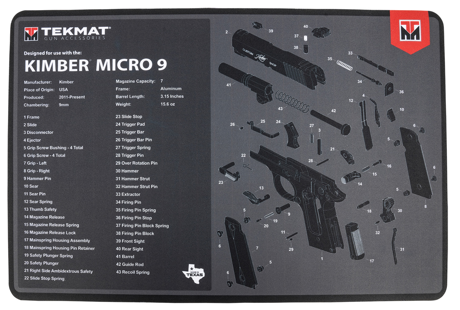 TekMat TEKR17KIMBERMCR9 Kimber Micro 9 Cleaning Mat Black/Gray Rubber 11"x17" Kimber Micro 9 Diagram