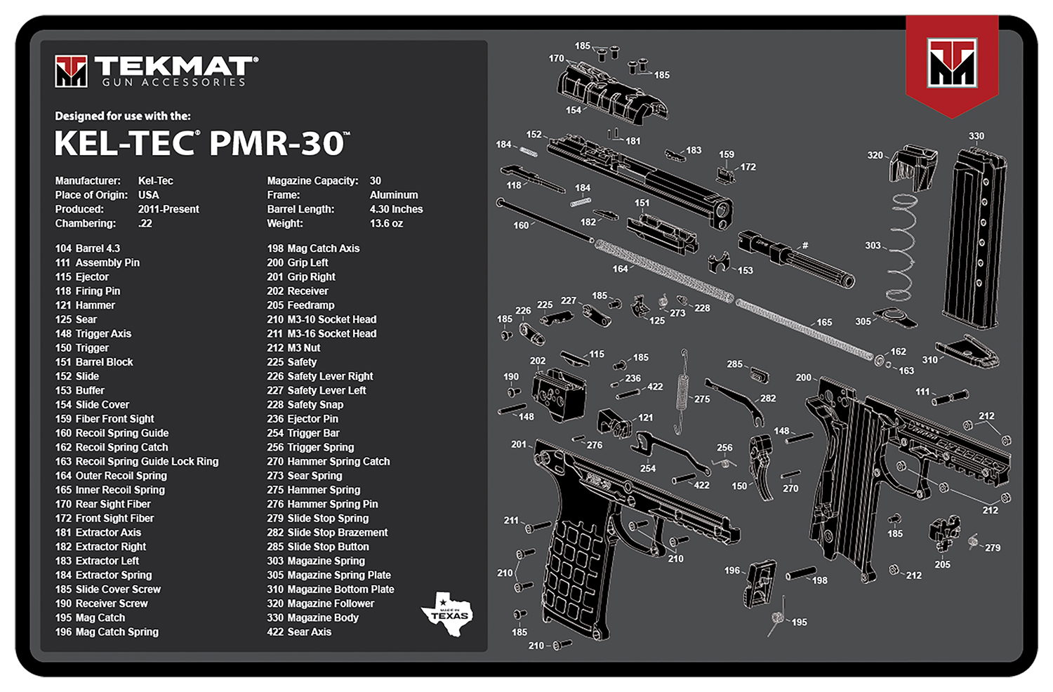 TekMat TEKR17KELPMR3 Kel-Tec PMR-30 Cleaning Mat Gray Rubber 11"x17" Kel-Tec PMR-30 Parts Diagram