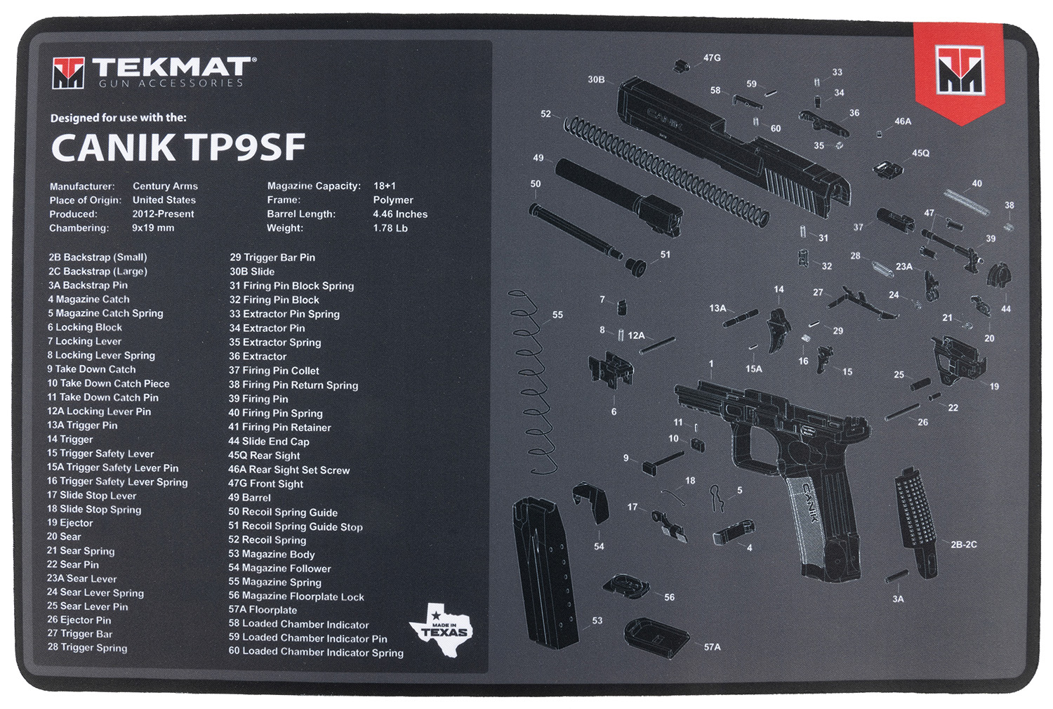 TekMat TEKR17CANIKTP9SF  Cleaning Mat Black/Gray Rubber 11"x17" Canik TP9SF Diagram