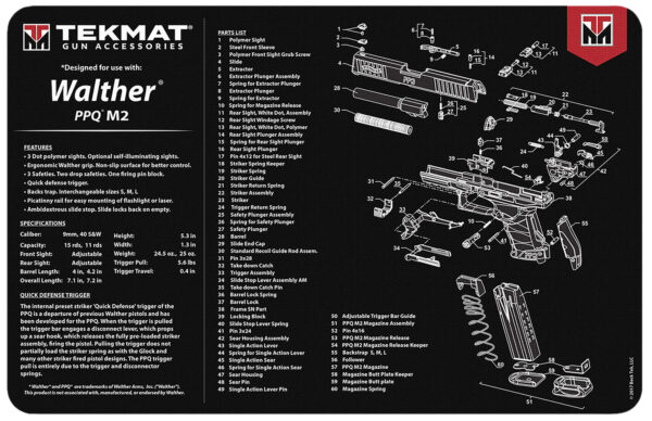 TekMat TEKR17WALPPQM2 Walther PPQ MOD 2 Cleaning Mat Black/White Rubber 11"x17" Walther PPQ MOD 2 Parts Diagram